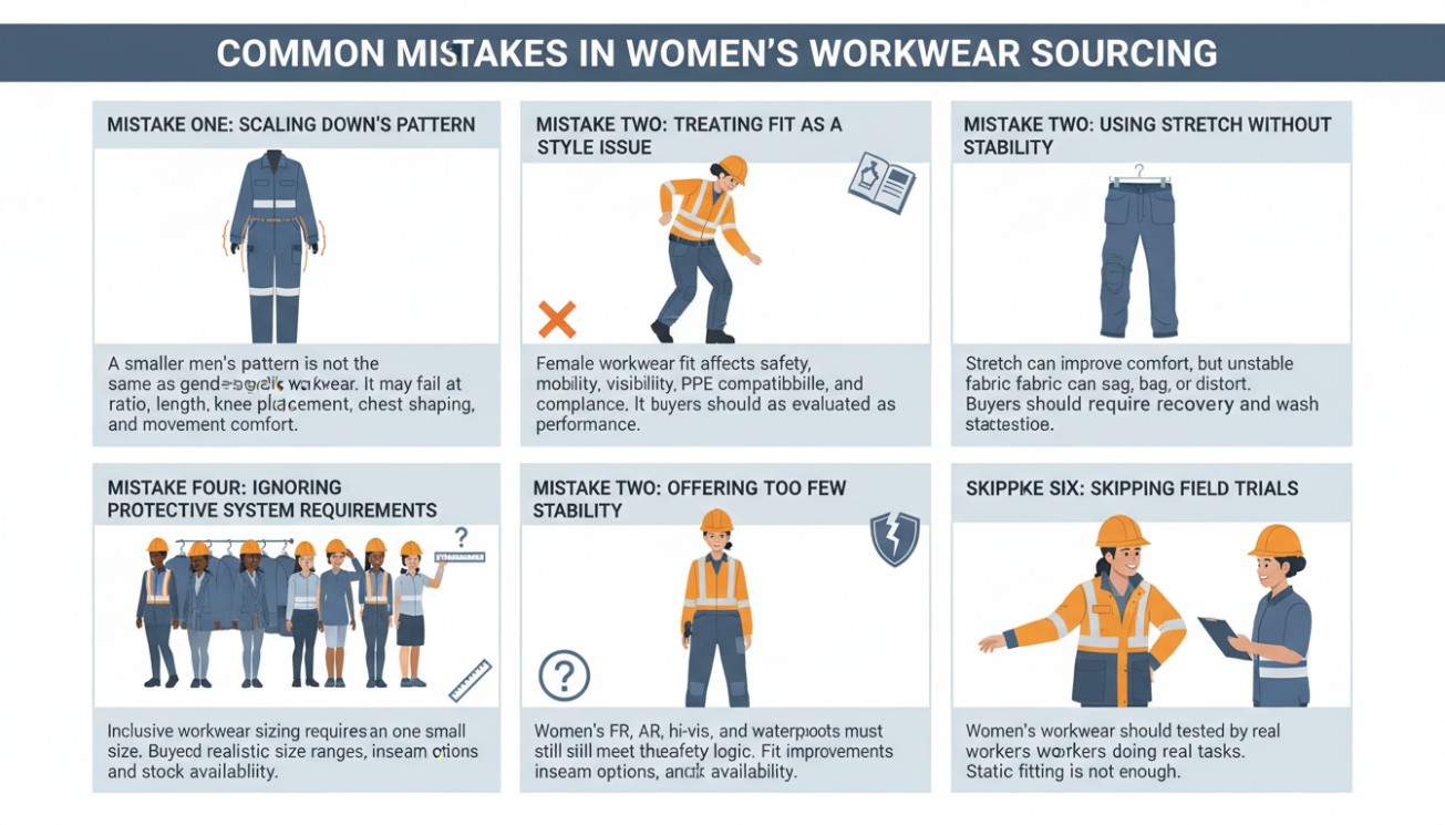 Common women’s workwear sourcing mistakes including scaled down patterns, poor fit, unstable stretch and skipped field trials
